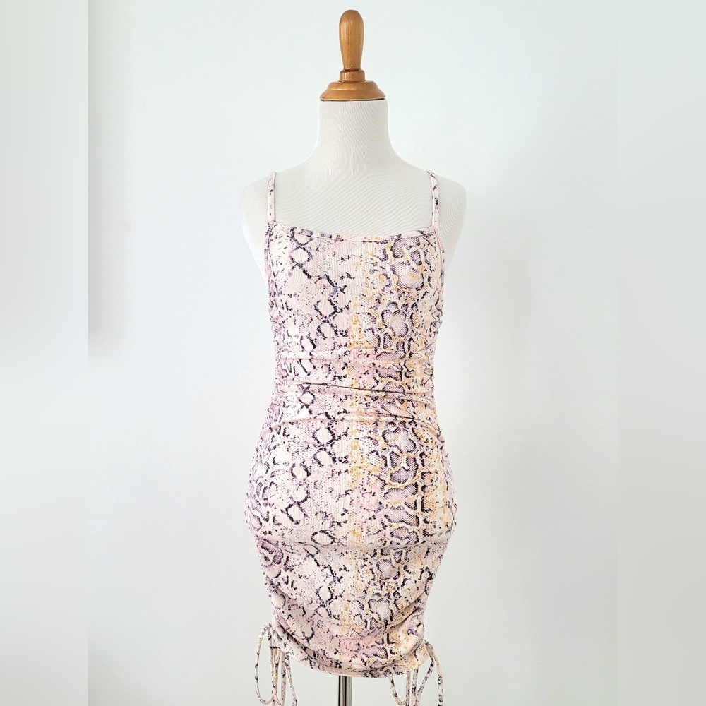 Pink Snake Print Ruched Mini Dress